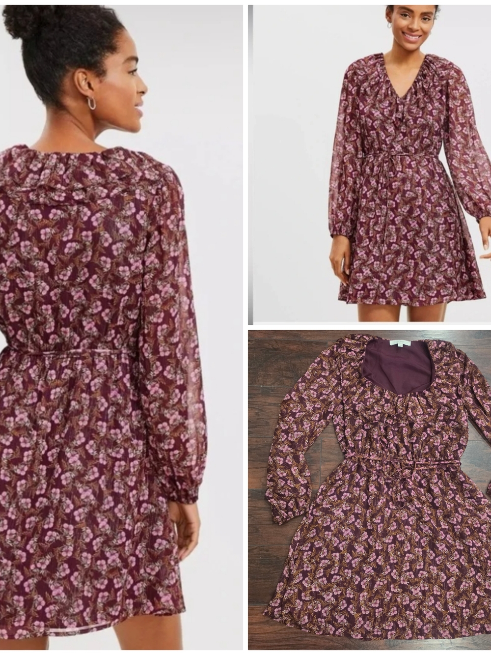 LOFT Burgundy Floral Long Sleeve Dress